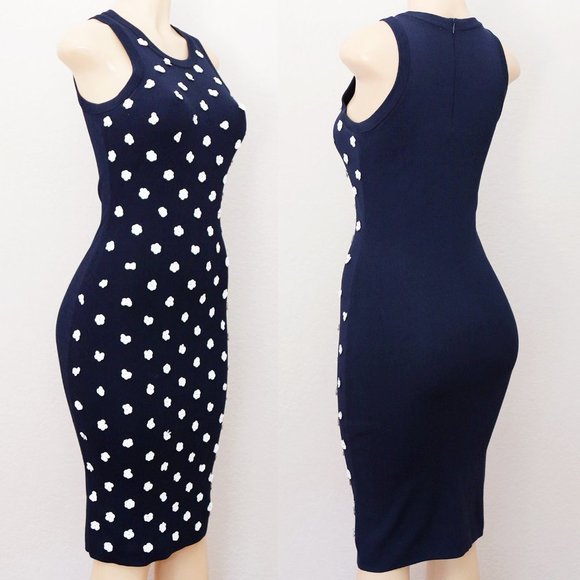 Michael Kors Navy Blue White Sequins Floral Rosette Embellished Knit Midi Dress - Picture 10 of 16